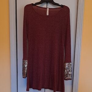 Vanilla Bay Burgundy Long Sleeve Dress with Sequin Cuffs